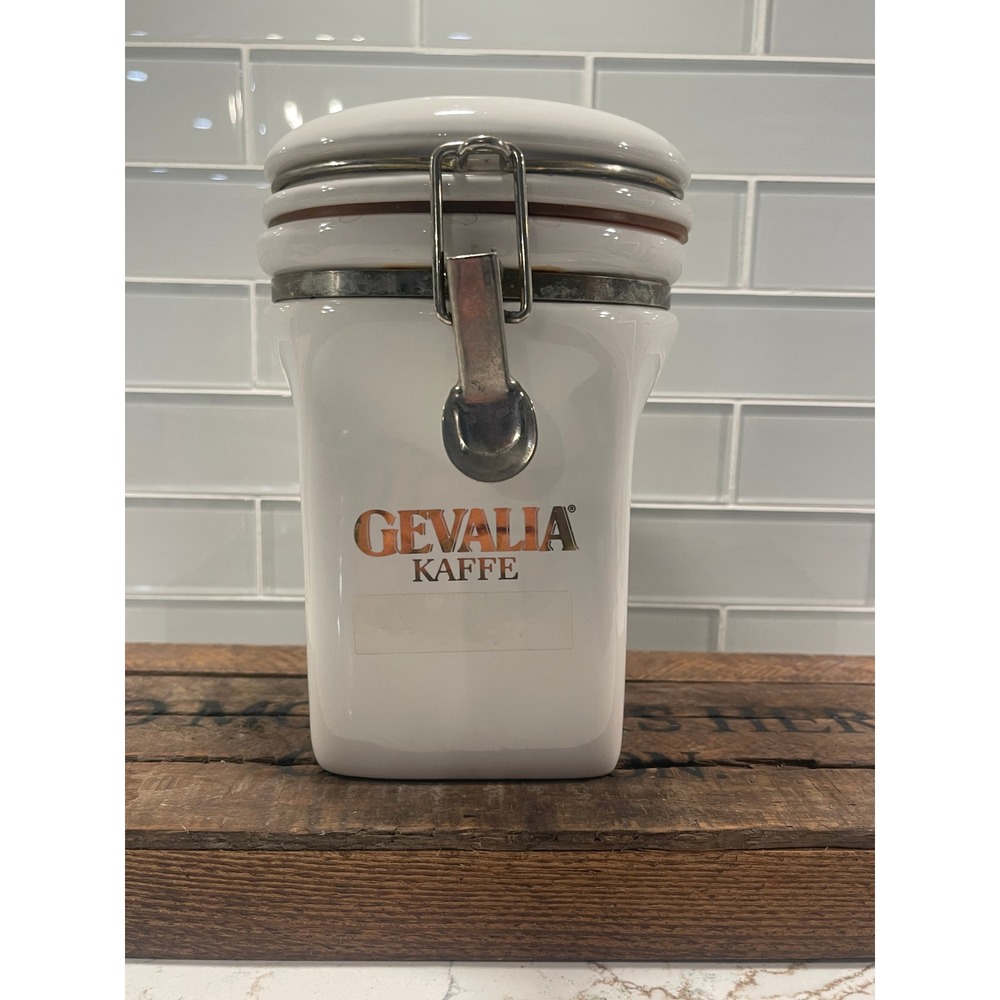Gevalia Kaffe White Ceramic Coffee Canister Airtight Lid King of Sweden Logo